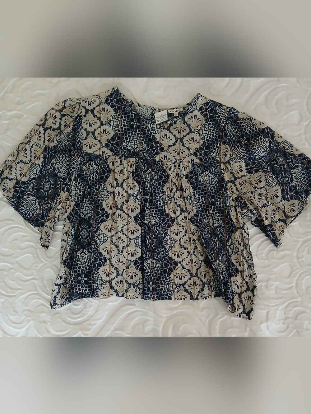 Relaxed Navy and Cream Patterned Women's Top
